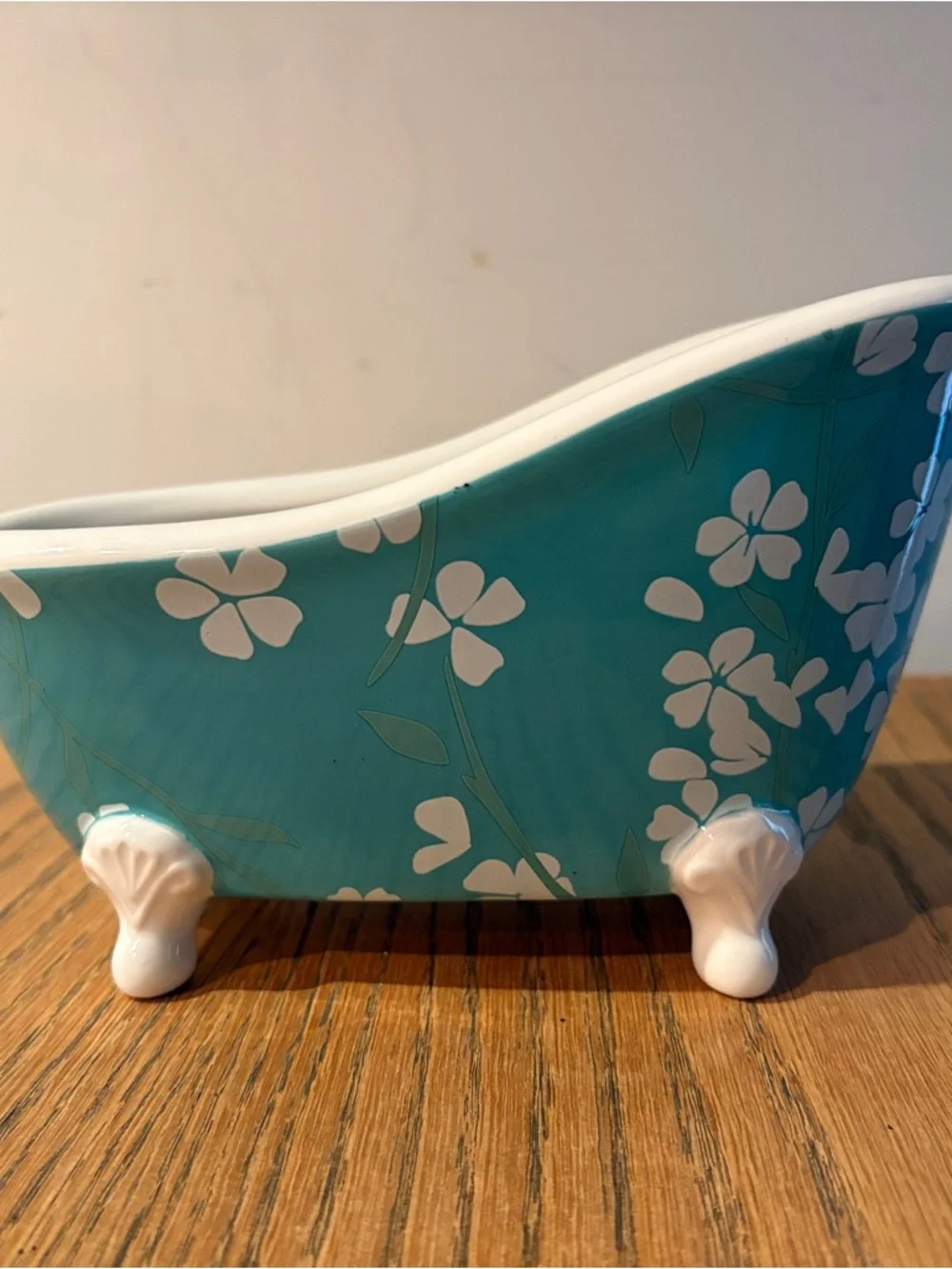 Vintage Bath & Body Works Turquoise Ivory Floral Ceramic Clawfoot Bathtub